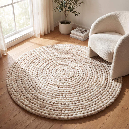 Round chunky knit wool rug in cream, handwoven Scandinavian nursery décor with soft texture and cozy, minimalist style