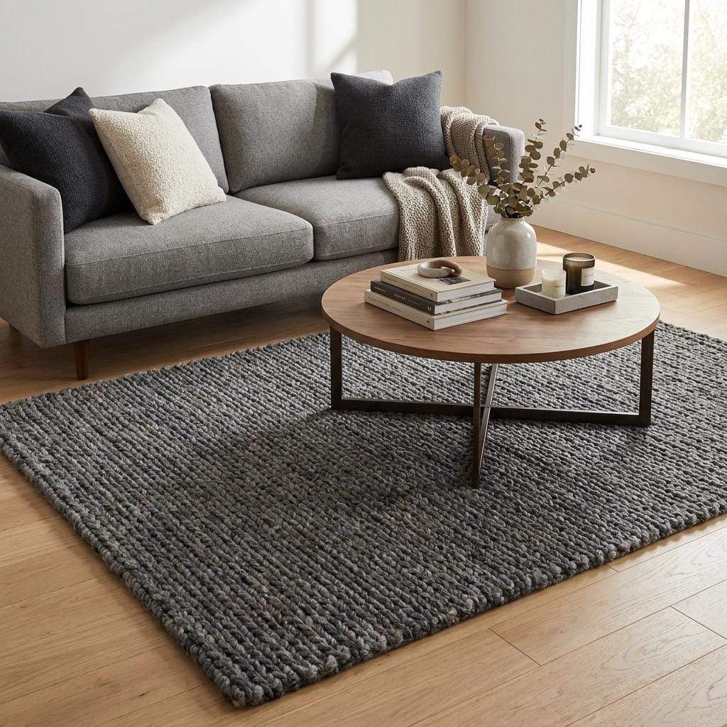 Handwoven chunky knit wool rug in gray with oversized braid design for modern Scandinavian home decor