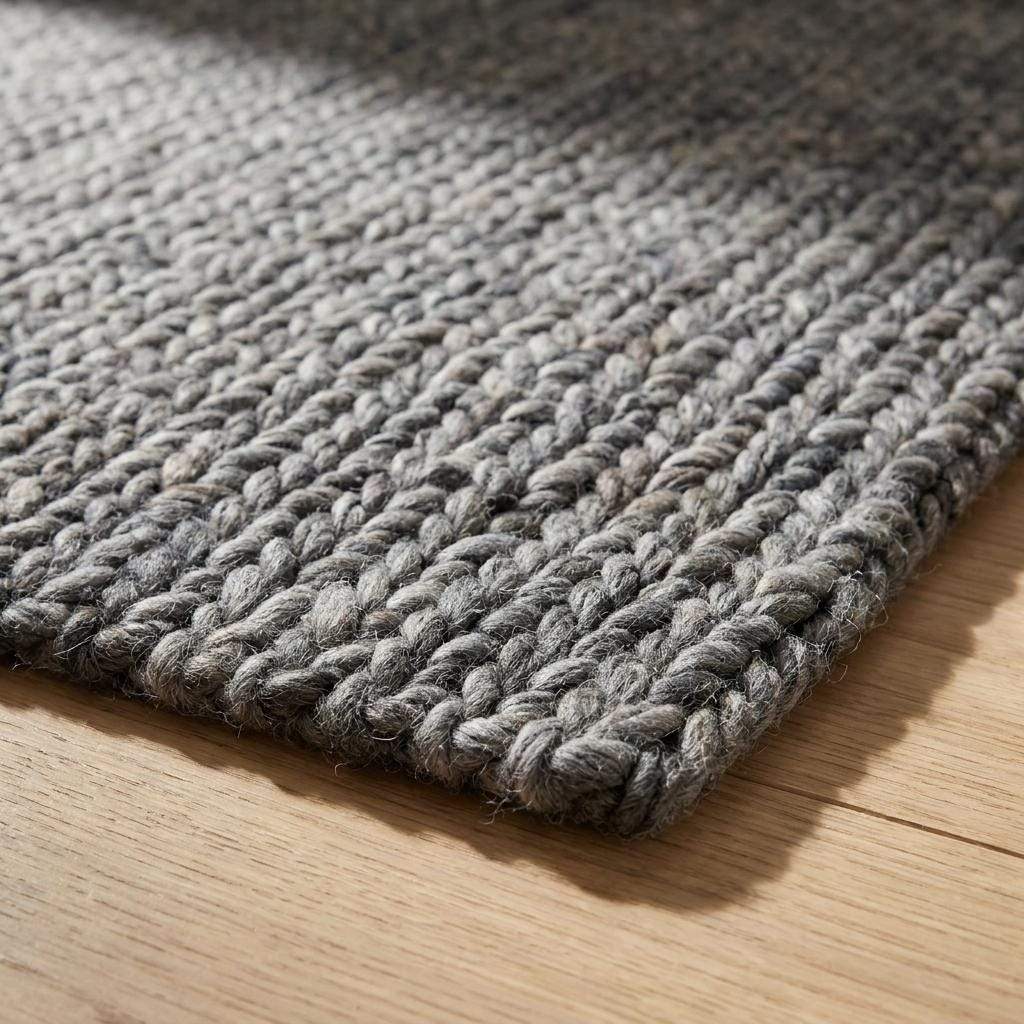 Handwoven chunky knit wool rug in gray with oversized braid design for modern Scandinavian home decor