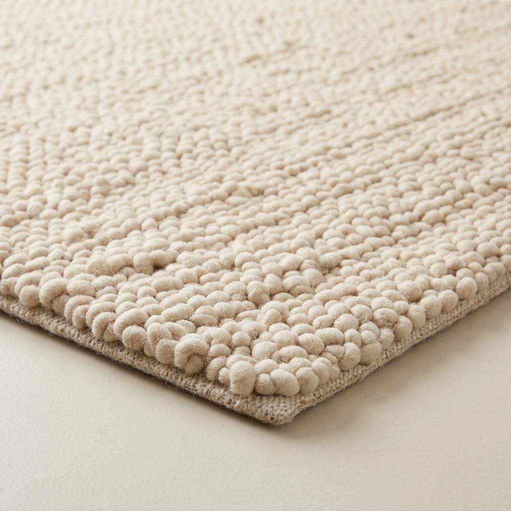 Handwoven chunky wool pebble rug in natural ivory with thick texture for modern nursery and living room interiors