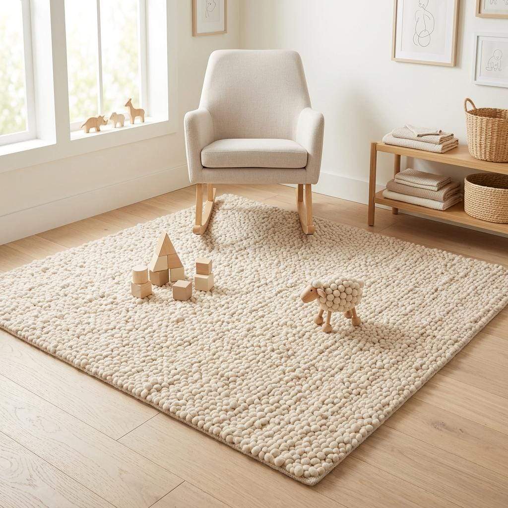 Handwoven chunky wool pebble rug in natural ivory for modern nursery and living room decor