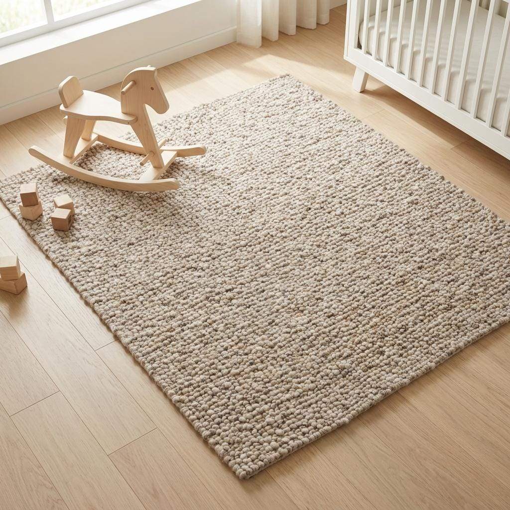 Handwoven chunky wool rug in natural beige with pebble texture for Scandinavian living room decor