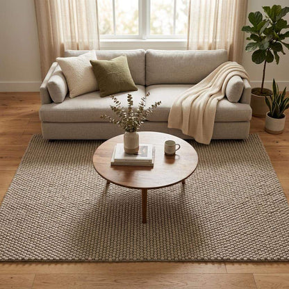 Handwoven chunky wool pebble rug in neutral beige with thick textured weave for Scandinavian modern decor