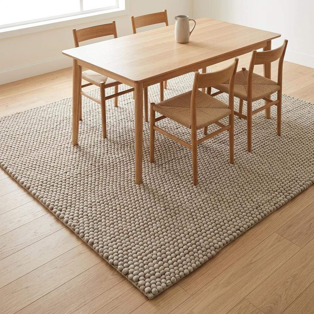 Handwoven chunky wool pebble rug in neutral beige with thick textured weave for Scandinavian modern decor