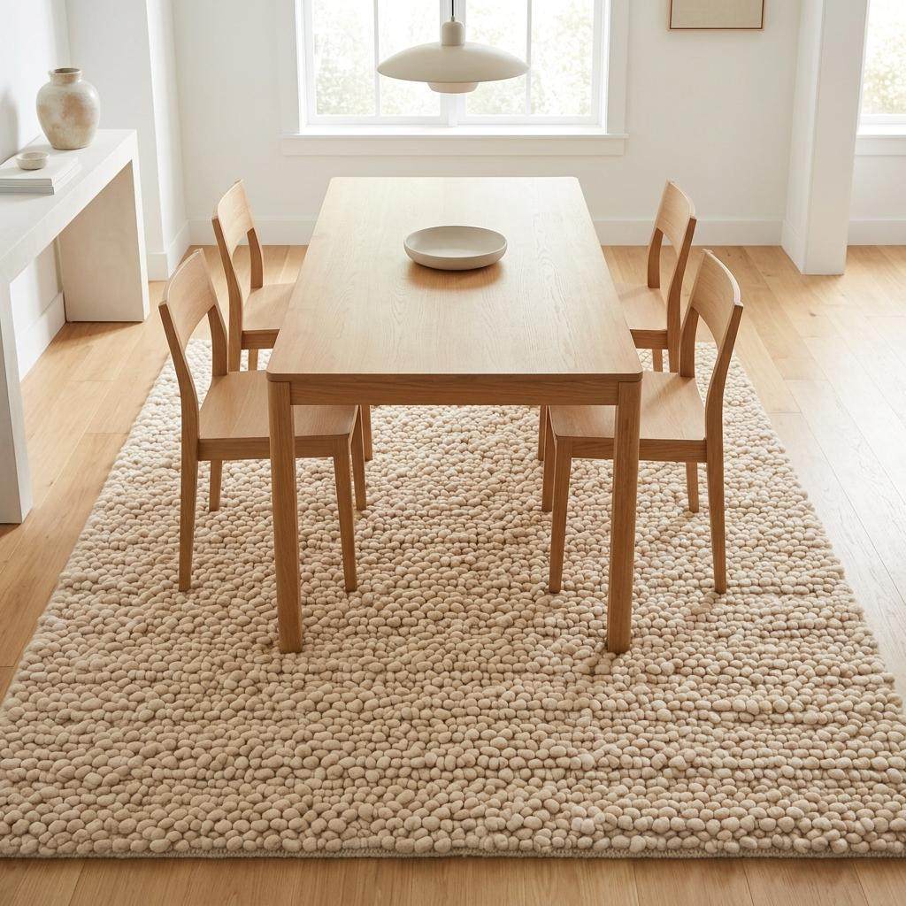 Handwoven chunky wool pebble rug in natural ivory with thick texture in modern nursery living room setting