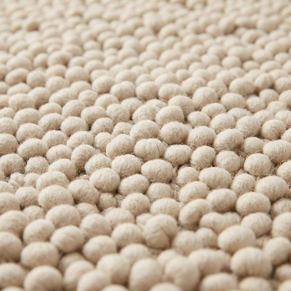 Handwoven chunky wool pebble rug in natural ivory with thick texture for modern nursery and living room interiors