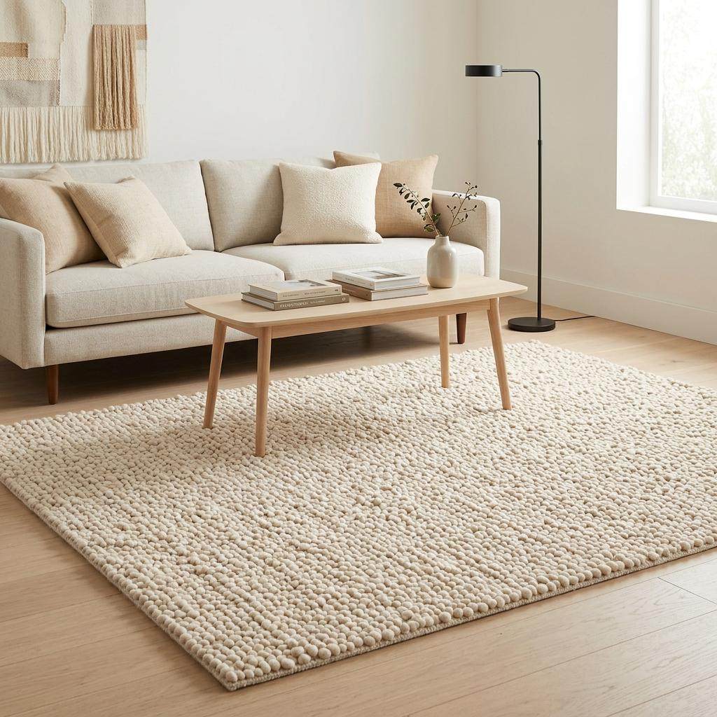 Handwoven chunky wool pebble rug in natural ivory for modern nursery and living room interiors