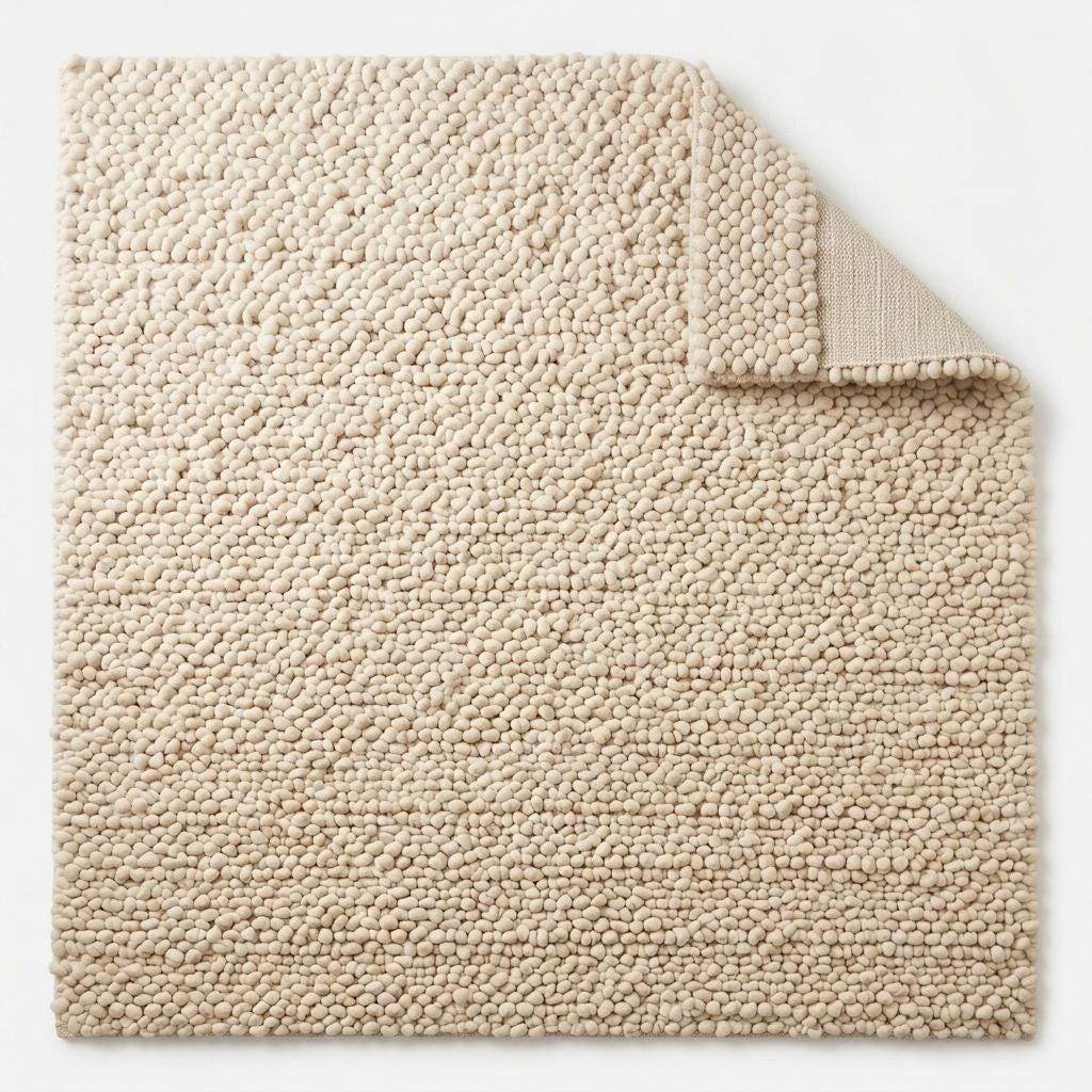 Handwoven chunky wool pebble rug in natural ivory with thick texture for modern nursery and living room interiors