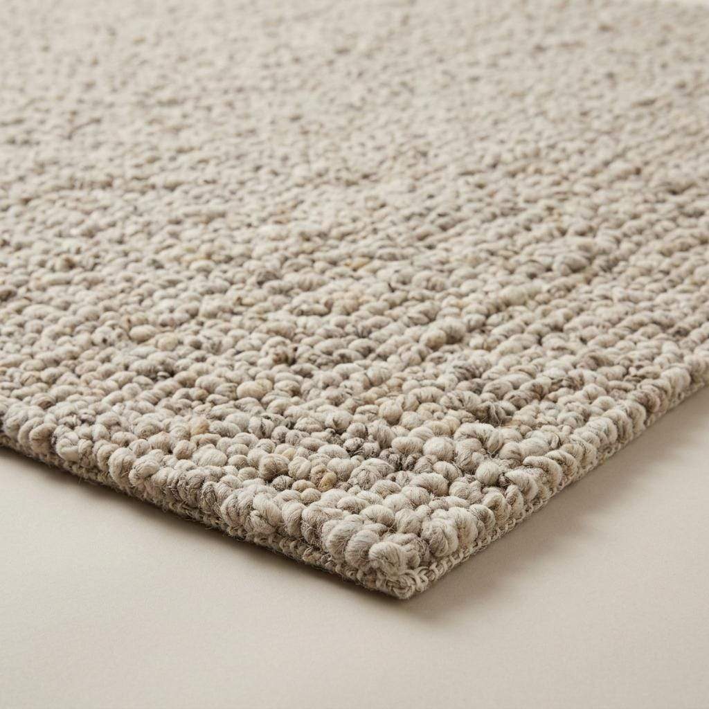 Handwoven chunky wool rug with natural beige pebble texture in a Scandinavian living room setting