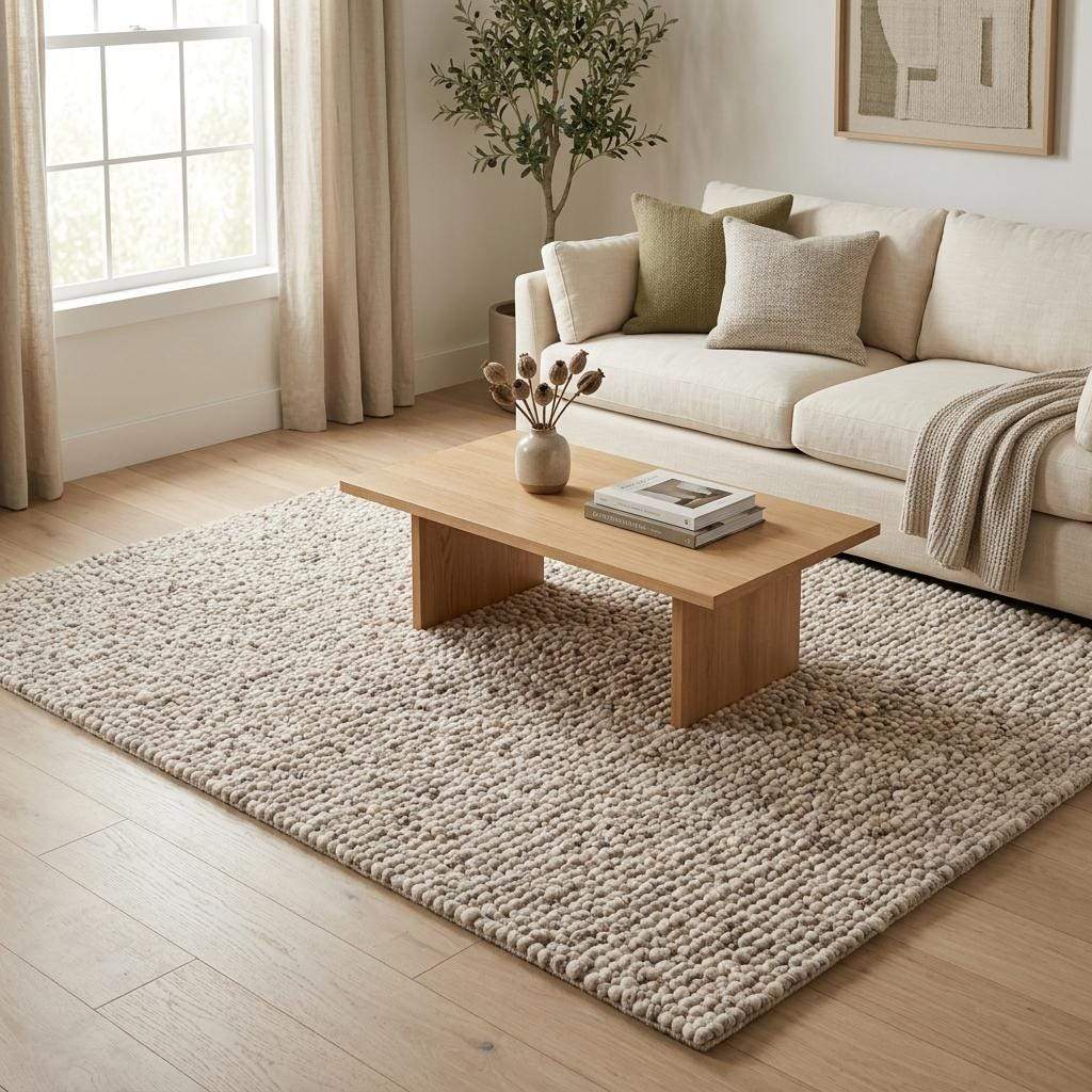 Handwoven chunky wool rug with natural beige pebble texture in Scandinavian living room setting