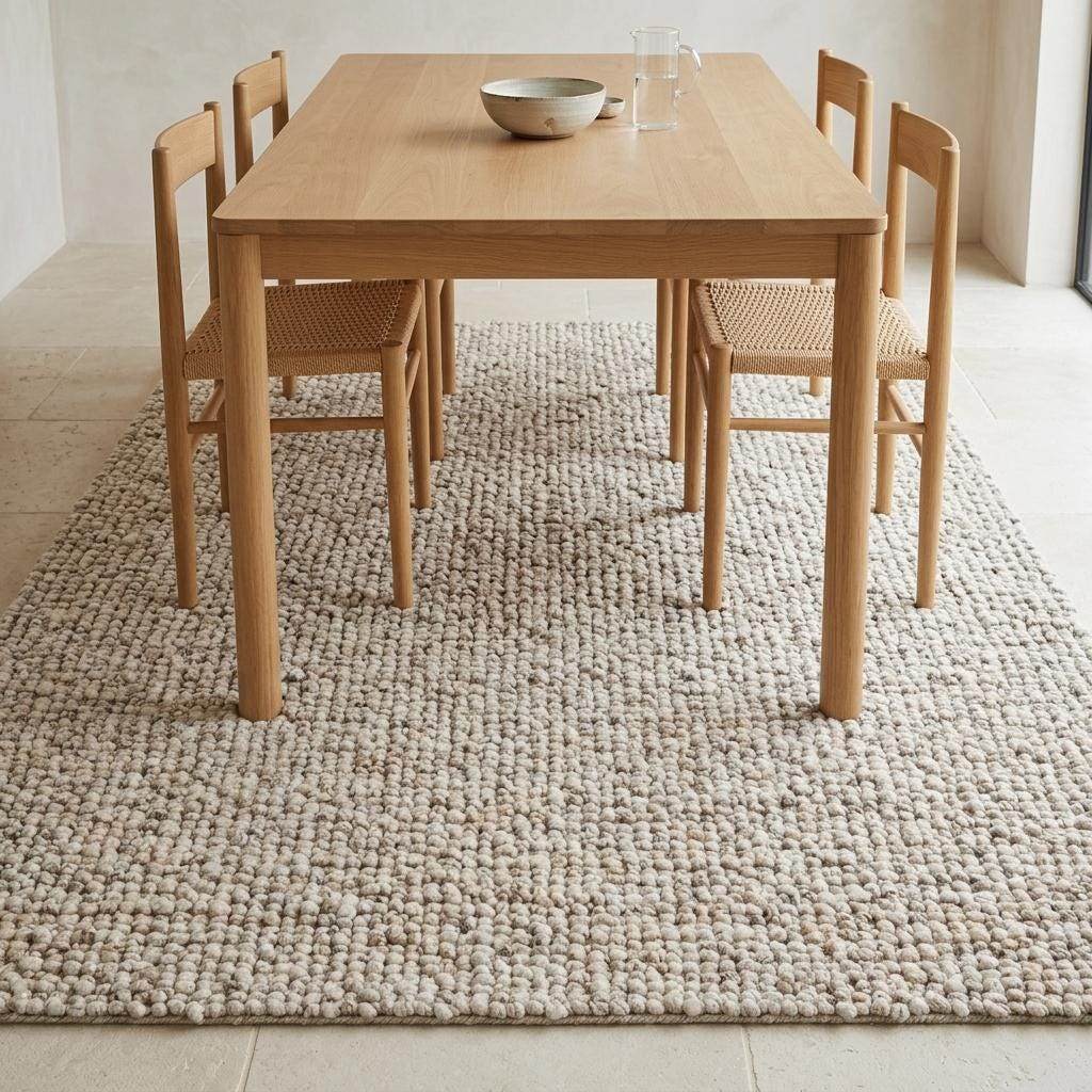 Handwoven chunky wool rug with natural beige pebble texture in Scandinavian living room setting