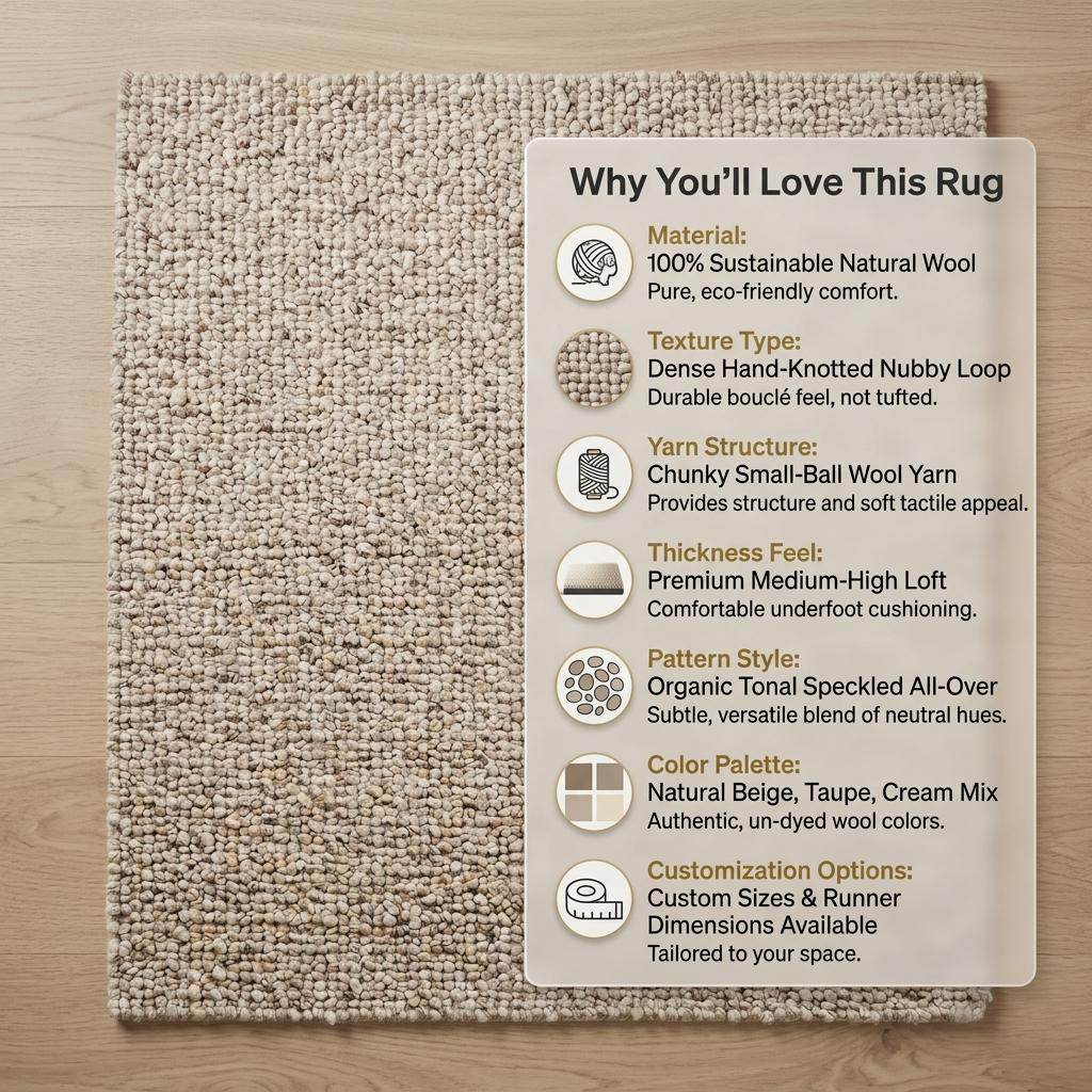 Handwoven chunky wool rug with natural beige pebble texture in Scandinavian living room setting