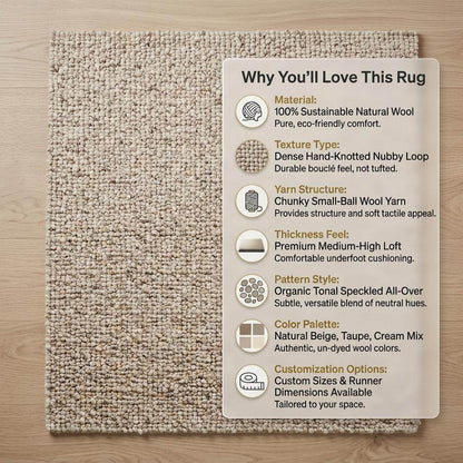Handwoven chunky wool rug with natural beige pebble texture in Scandinavian living room setting