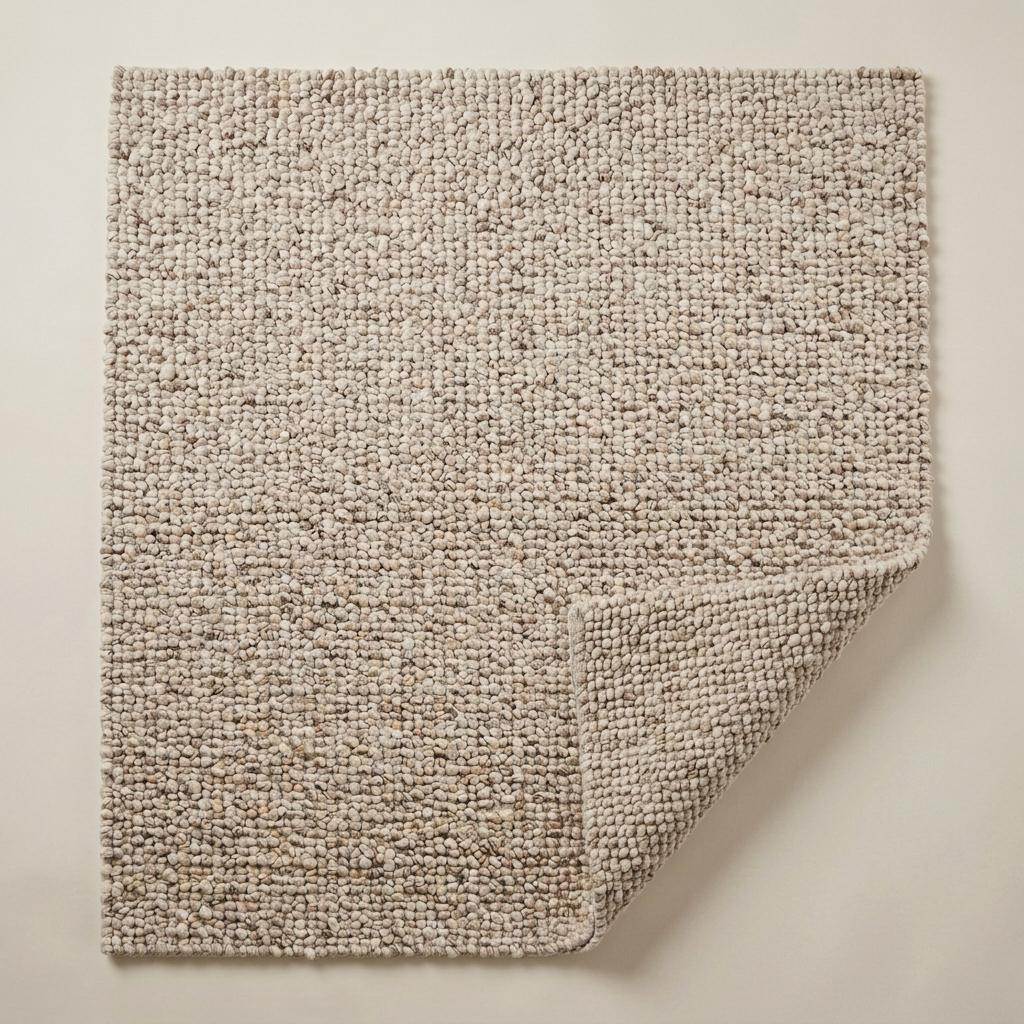 Handwoven chunky wool rug with natural beige pebble texture in Scandinavian living room setting