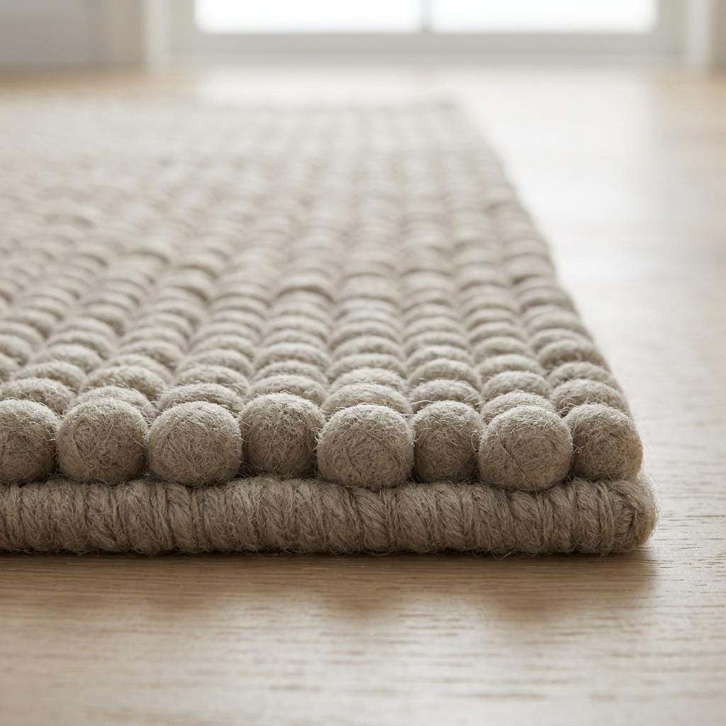 Handwoven chunky wool pebble rug in neutral beige with thick texture for Scandinavian modern decor