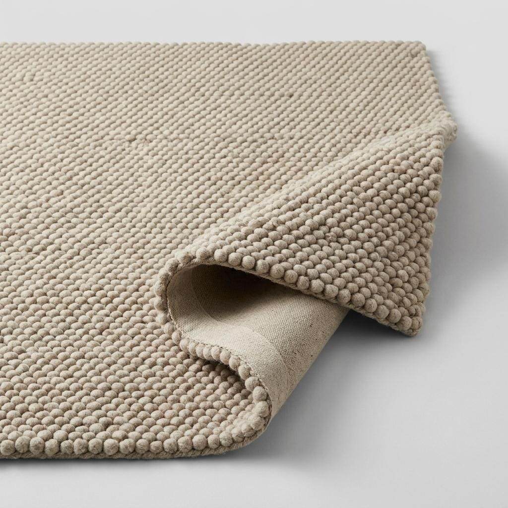Handwoven chunky wool pebble rug in neutral beige, soft and thick texture for Scandinavian modern decor