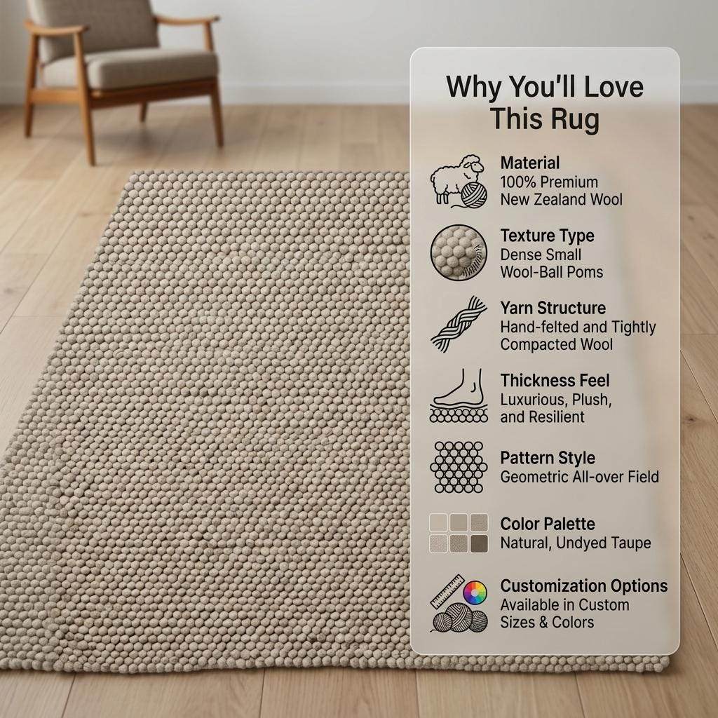 Handwoven chunky wool pebble rug in neutral beige with thick texture for Scandinavian modern decor