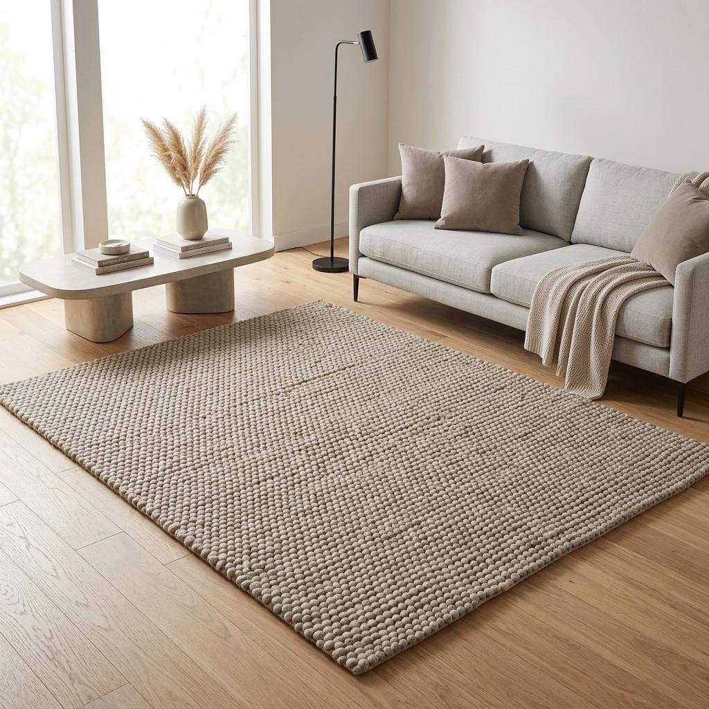 Handwoven chunky wool pebble rug in neutral beige with thick texture for Scandinavian modern decor