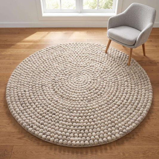 Handmade round wool felt ball rug with neutral pebble texture for Scandinavian nursery decor