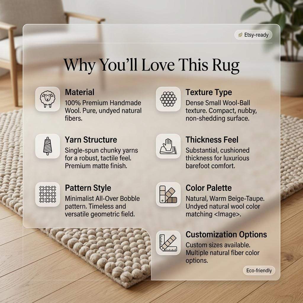 Handwoven chunky wool pebble rug in ivory with thick texture for modern minimalist home decor