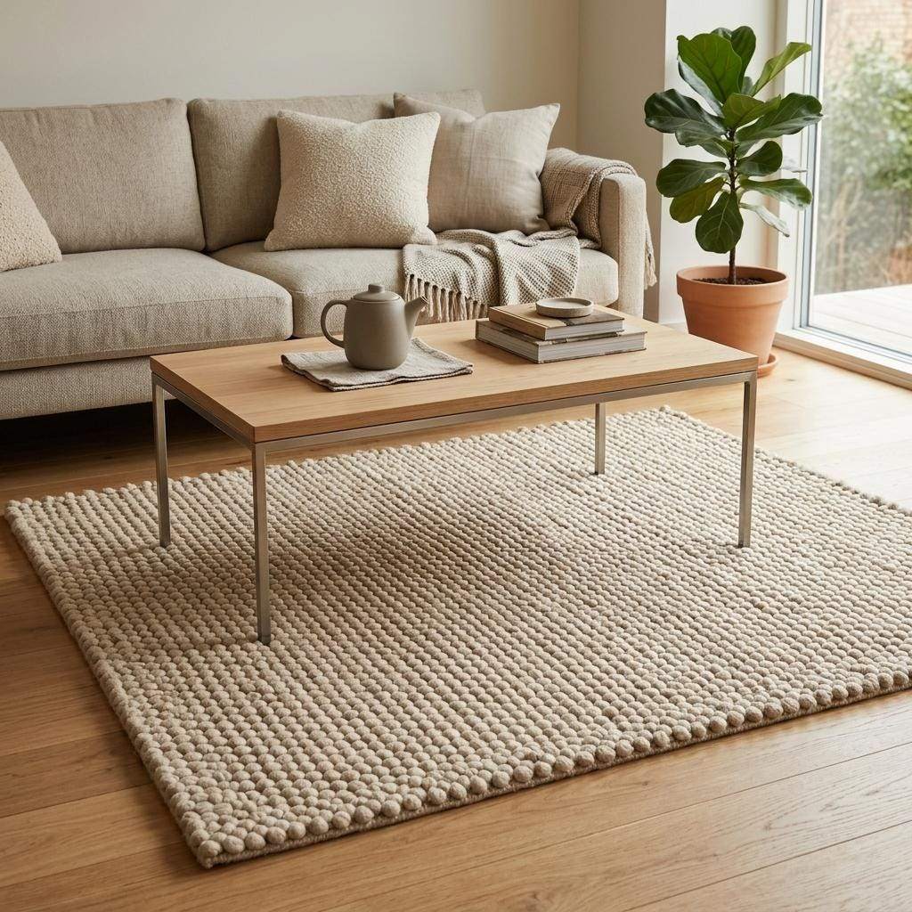 Handwoven chunky wool pebble rug in ivory with thick texture for modern minimalist decor