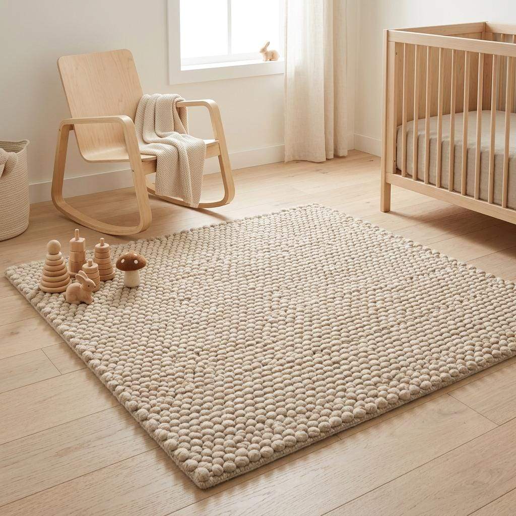 Handwoven chunky wool pebble rug in ivory with textured pebble weave, ideal for modern minimalist Scandinavian home decor