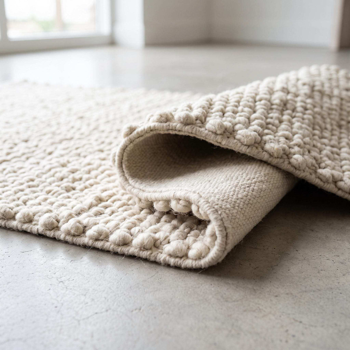 Handwoven chunky wool pebble rug in ivory with textured pebble weave for modern minimalist home decor