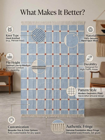 Handwoven flatweave blue grid rug with terracotta accents in modern farmhouse living room