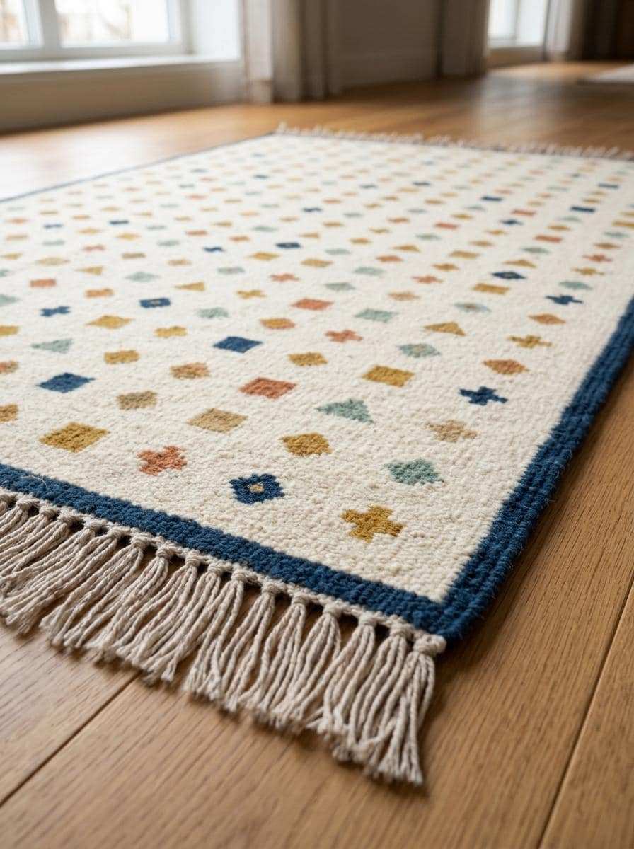 Ivory wool flatweave kilim rug with navy border and geometric motifs in living room setting