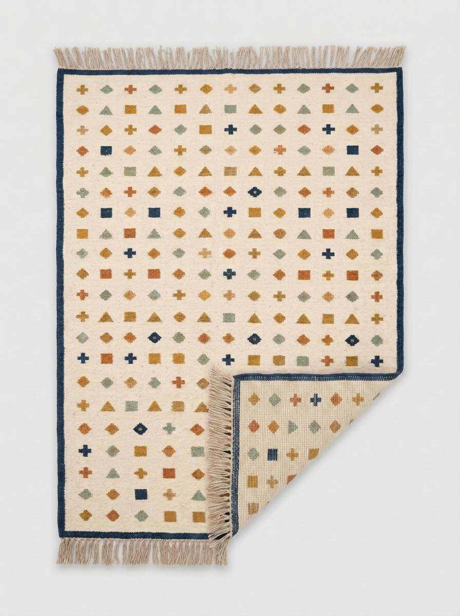 Ivory wool flatweave kilim rug with navy border and geometric scatter motif in a living room setting