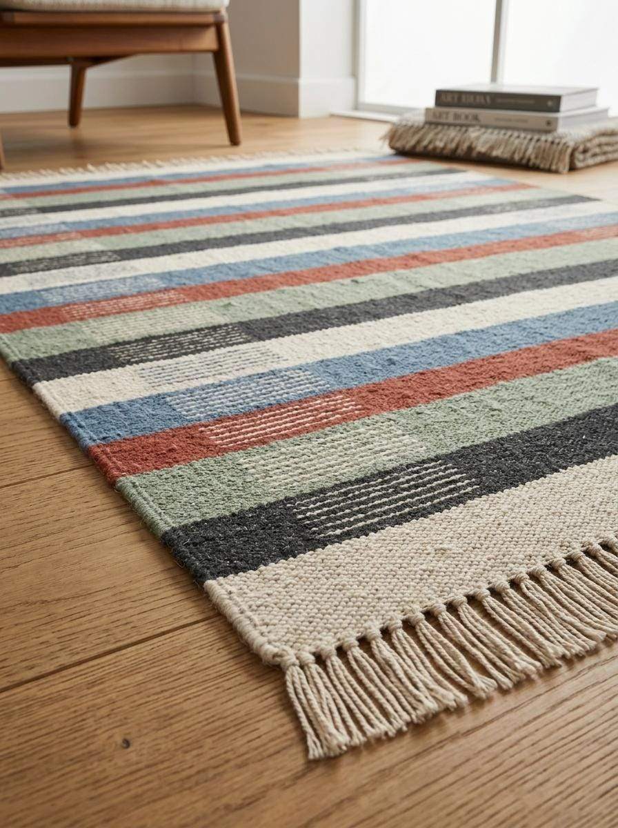 Handwoven striped wool flatweave rug in blue, rust, sage green, and ivory with cotton fringe