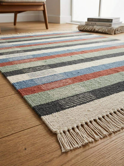 Handwoven striped wool flatweave rug in blue, rust, sage green, and ivory with cotton fringe