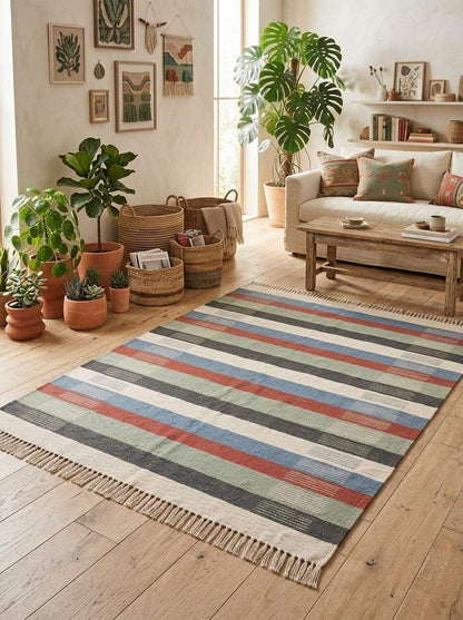 Handwoven striped wool dhurrie rug with blue, rust, sage green, and ivory flatweave design and cotton fringe