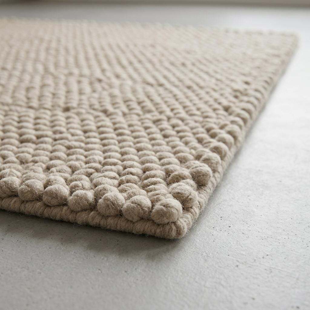 Handwoven chunky wool pebble rug in ivory with textured pebble weave for modern minimalist decor