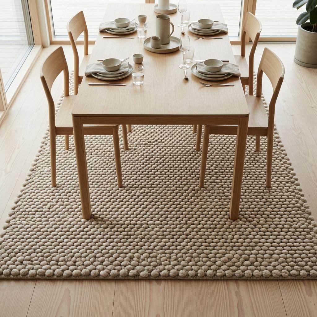 Handwoven chunky wool pebble rug in ivory with thick texture for modern minimalist home decor