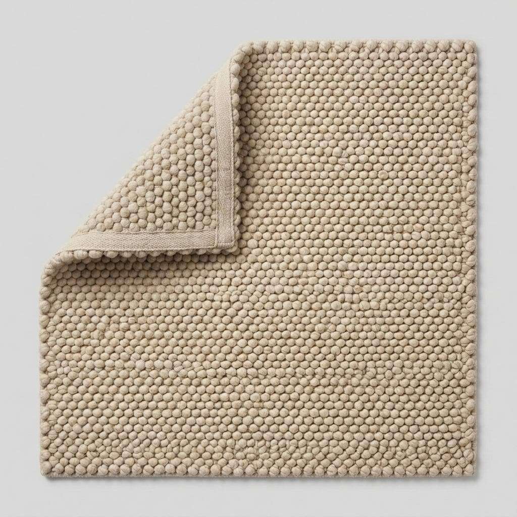 Handwoven chunky wool pebble rug in ivory with textured pebble weave for minimalist Scandinavian home decor