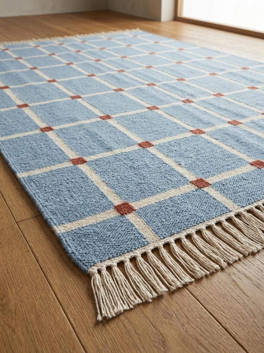 Handwoven flatweave blue grid rug with ivory windowpane and terracotta accents in modern farmhouse living room
