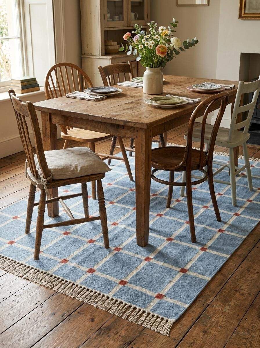 Handwoven flatweave blue grid rug with terracotta accents in modern farmhouse living room