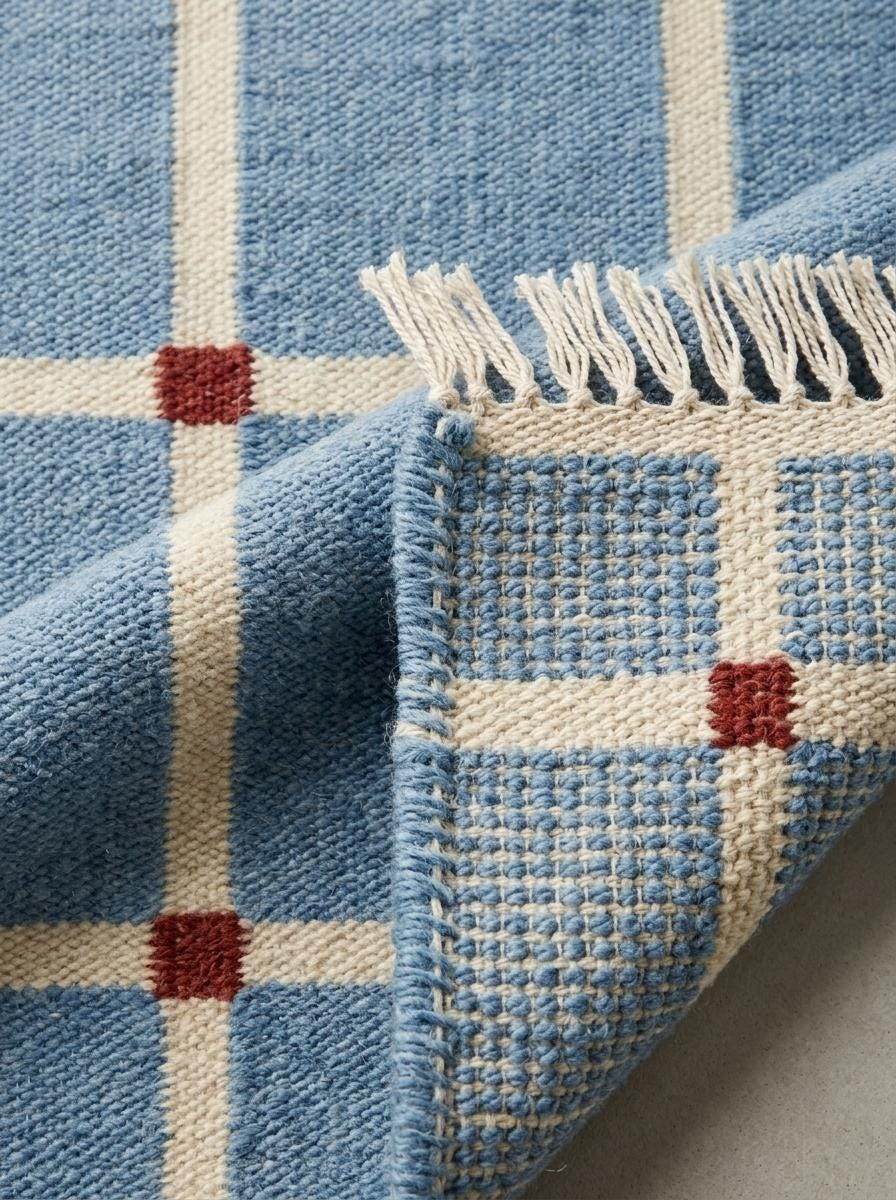 Handwoven flatweave blue grid rug with terracotta accents in modern farmhouse living room