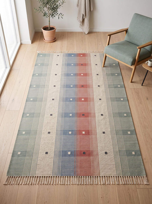 Handwoven tartan flatweave rug in sage green and terracotta with modern Scandinavian plaid design in living room setting