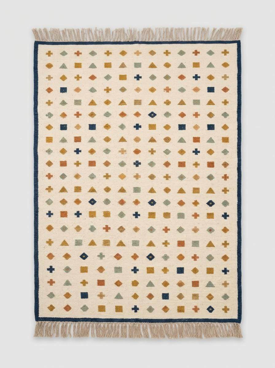 Ivory wool flatweave kilim rug with navy border and geometric motifs