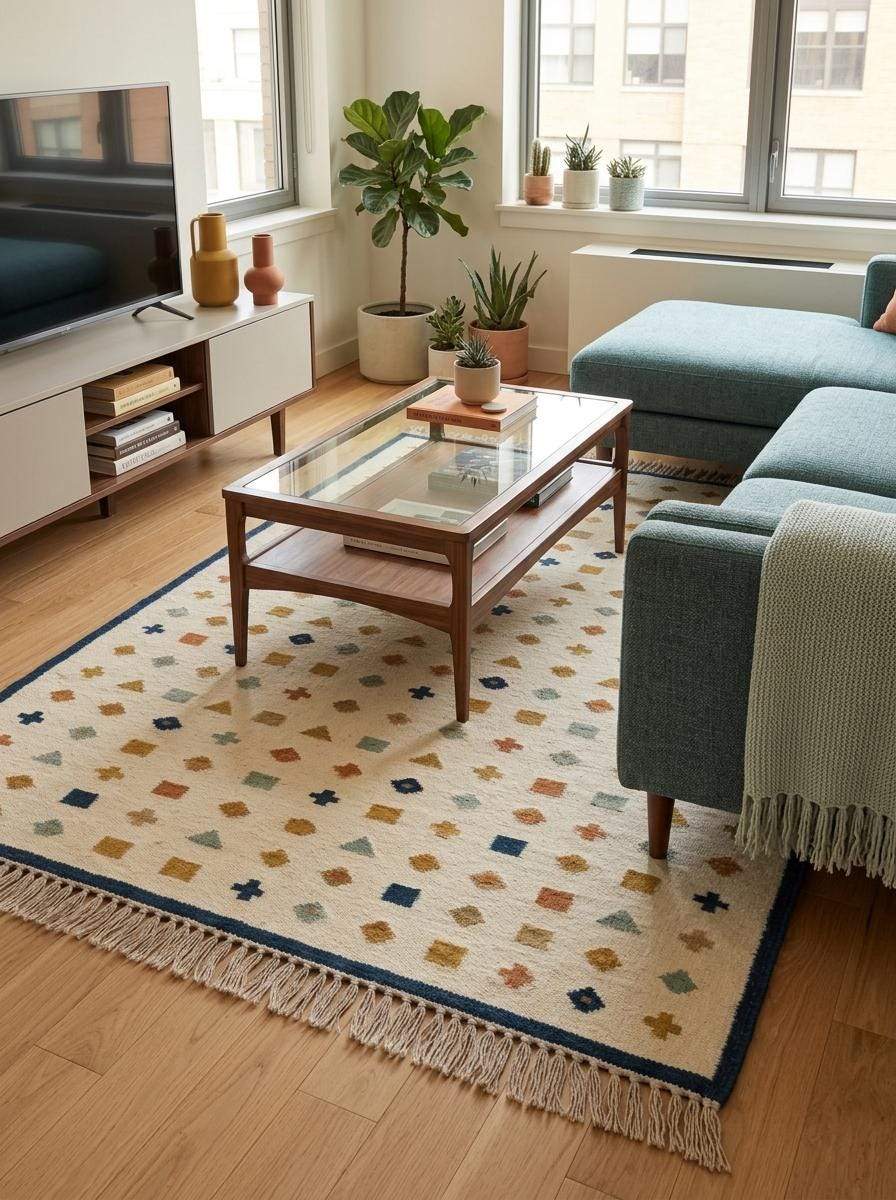 Ivory wool flatweave kilim rug with navy border and geometric motifs in living room