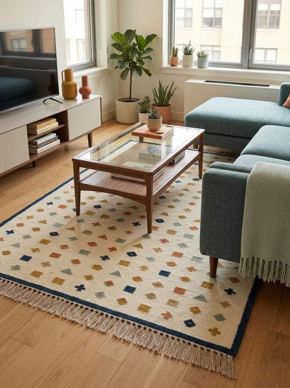 Ivory wool flatweave kilim rug with navy border and geometric motifs in living room