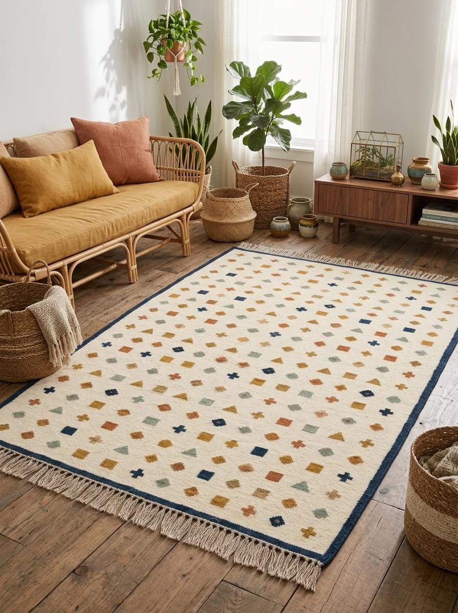 Ivory wool flatweave kilim rug with navy border and geometric motifs in a living room setting
