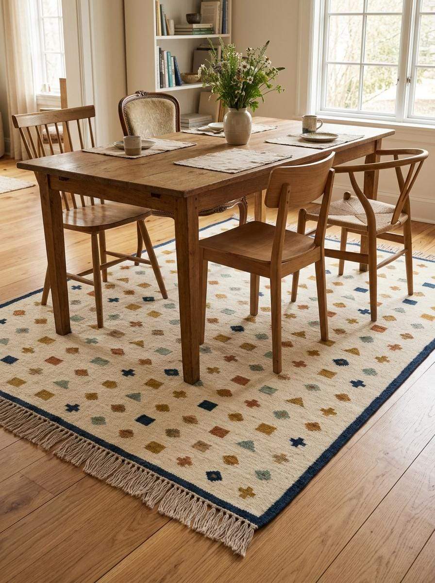 Ivory wool flatweave kilim rug with navy border and multicolor geometric motifs