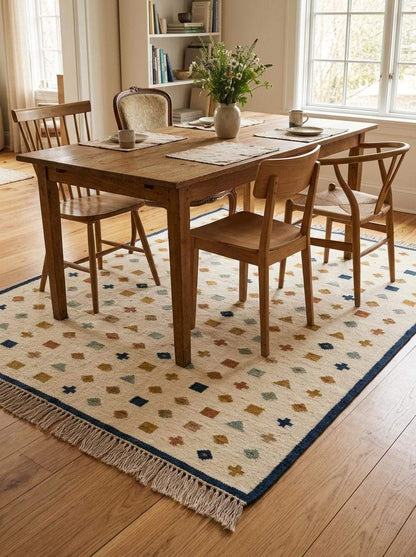 Ivory wool flatweave kilim rug with navy border and multicolor geometric motifs