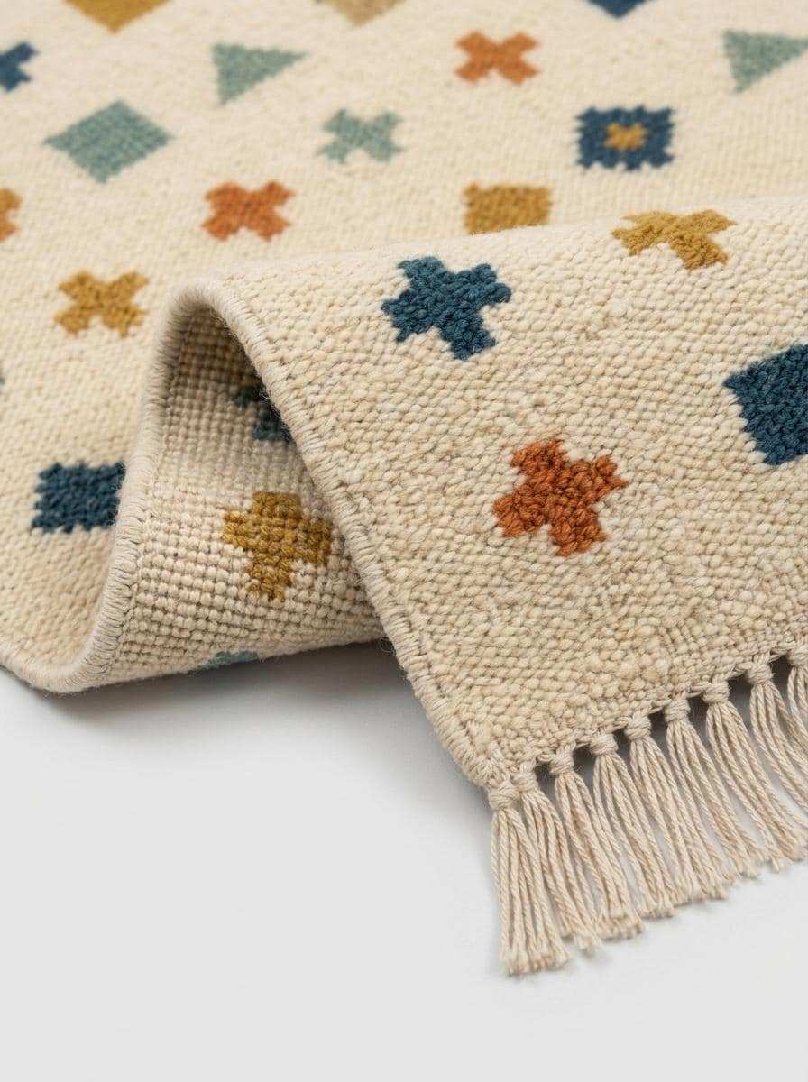 Ivory wool flatweave kilim rug with navy border and geometric motifs in living room setting