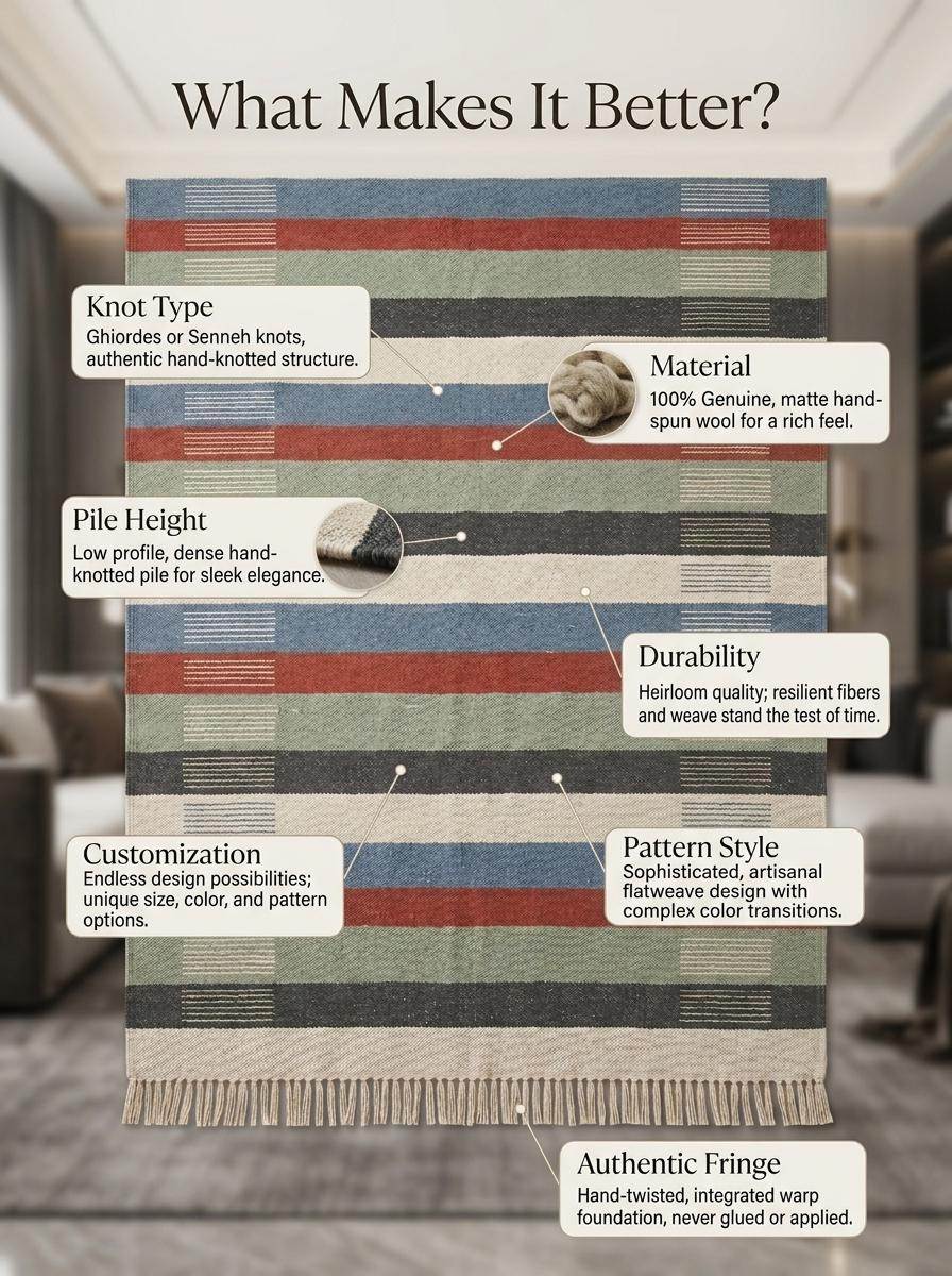 Handwoven striped wool flatweave rug in blue, rust, and sage green with ivory background and cotton fringe