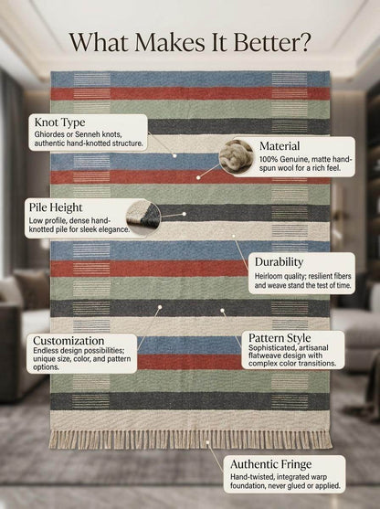 Handwoven striped wool flatweave rug in blue, rust, and sage green with ivory background and cotton fringe