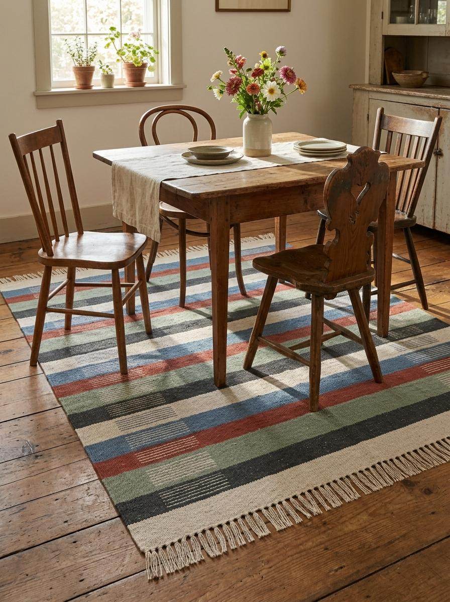 Handwoven striped wool flatweave rug in blue, rust, and sage green with ivory background and fringe edges